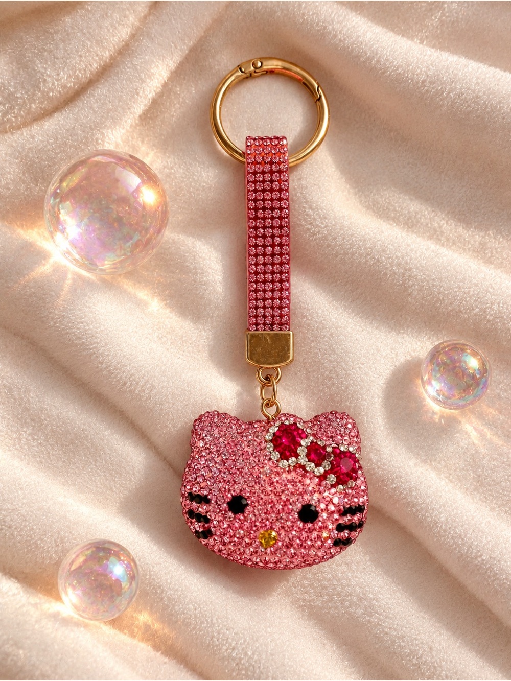 Rhinestone Kawaii Kitty Face with Pink Bow Bag Charm Keychain